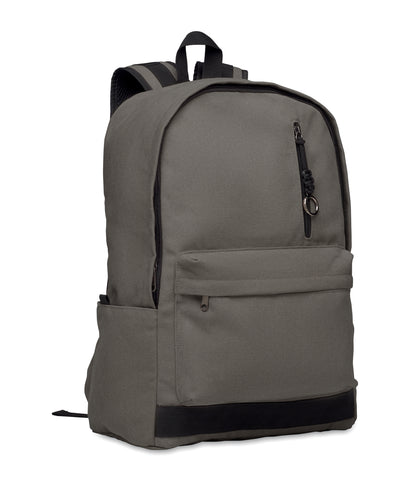 15" Laptop-Rucksack aus recycelter Pre-Consumer-Baumwolle. Große Fronttasche mit Reißverschluss und Laptop-Innenfach. Kleine