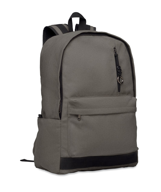 15" Laptop-Rucksack aus recycelter Pre-Consumer-Baumwolle. Große Fronttasche mit Reißverschluss und Laptop-Innenfach. Kleine