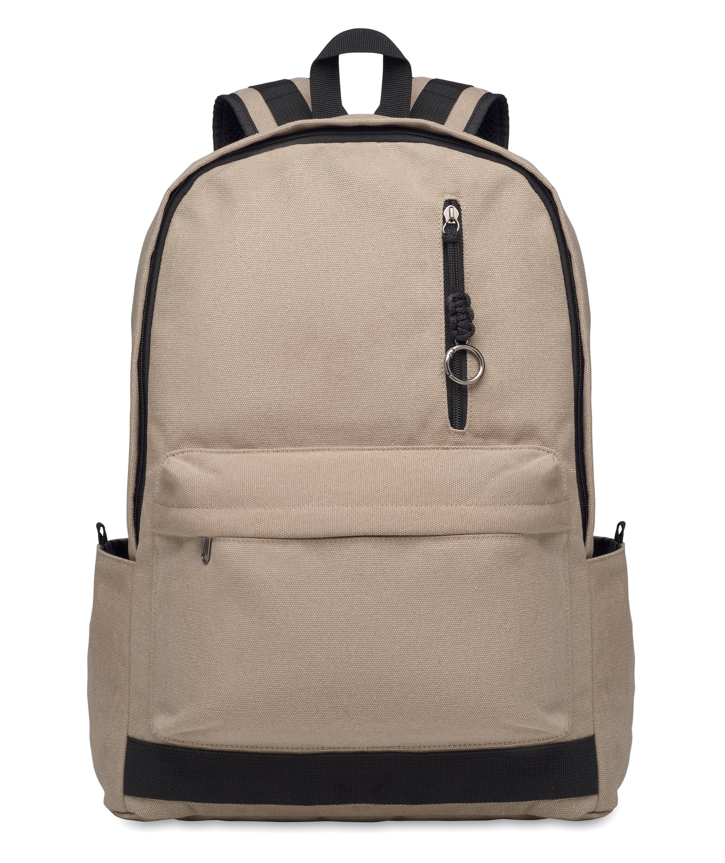 15" Laptop-Rucksack aus recycelter Pre-Consumer-Baumwolle. Große Fronttasche mit Reißverschluss und Laptop-Innenfach. Kleine