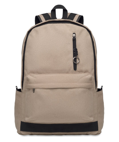15" Laptop-Rucksack aus recycelter Pre-Consumer-Baumwolle. Große Fronttasche mit Reißverschluss und Laptop-Innenfach. Kleine