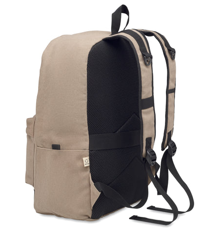 15" Laptop-Rucksack aus recycelter Pre-Consumer-Baumwolle. Große Fronttasche mit Reißverschluss und Laptop-Innenfach. Kleine