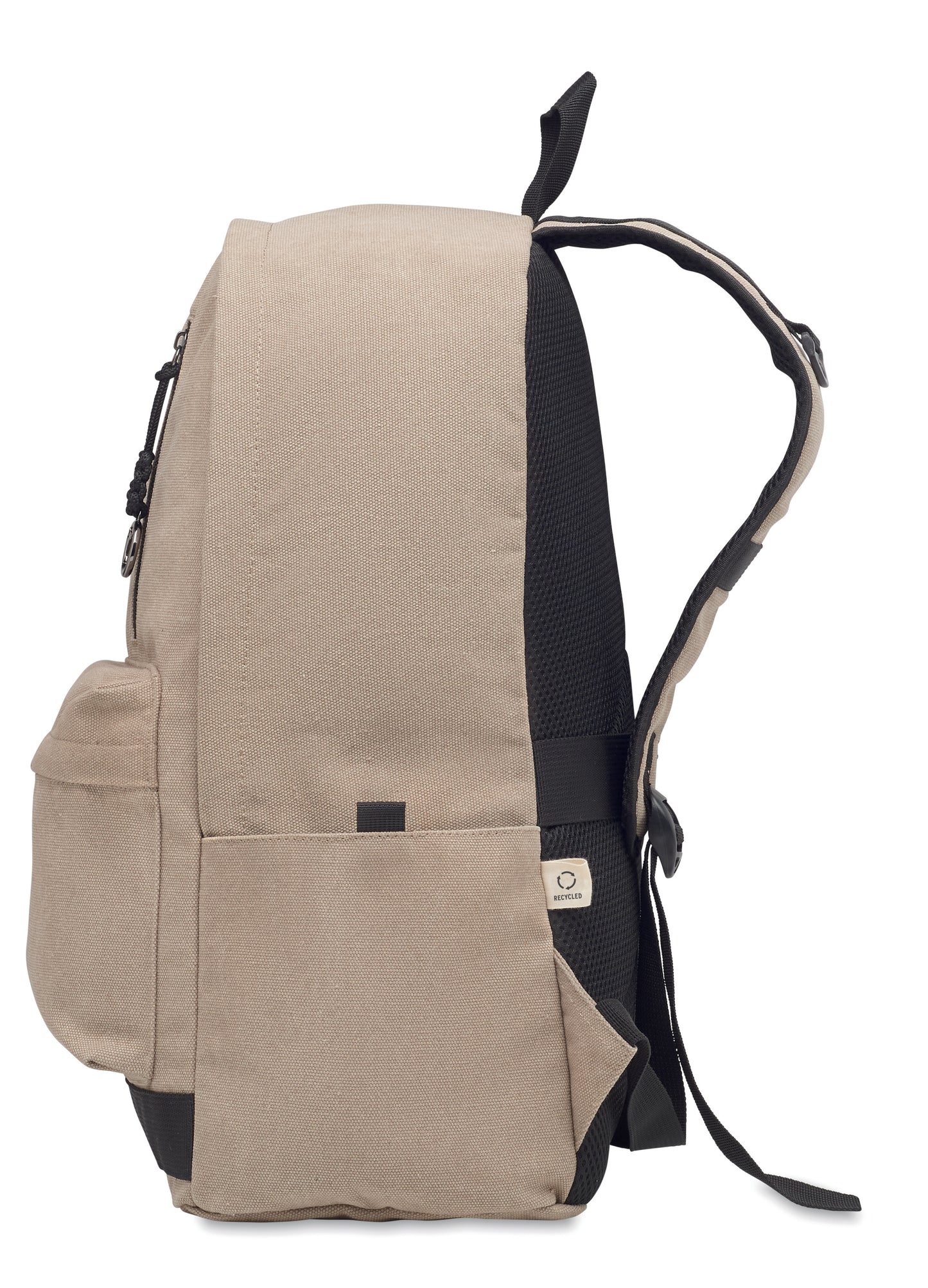 15" Laptop-Rucksack aus recycelter Pre-Consumer-Baumwolle. Große Fronttasche mit Reißverschluss und Laptop-Innenfach. Kleine