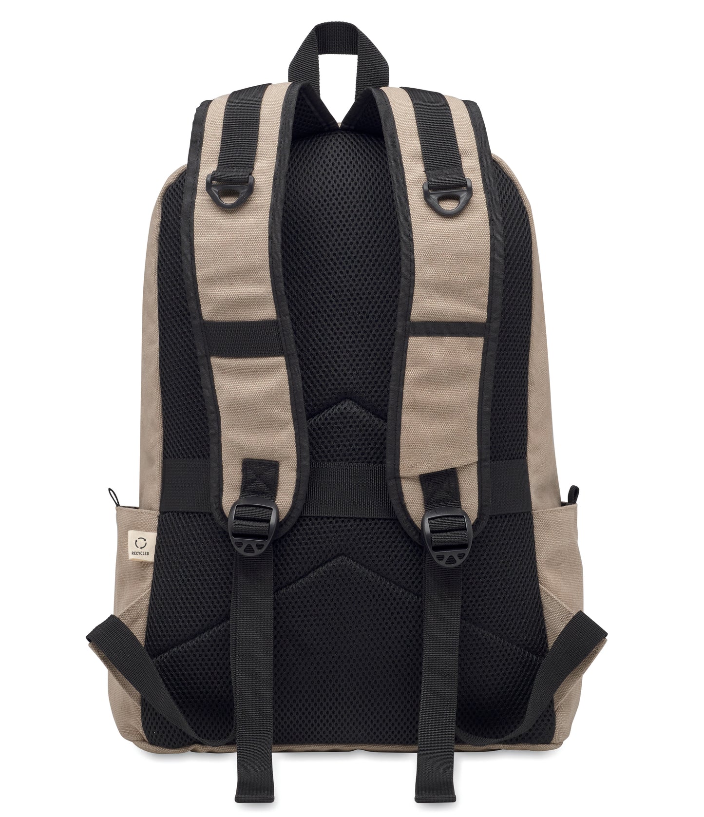 15" Laptop-Rucksack aus recycelter Pre-Consumer-Baumwolle. Große Fronttasche mit Reißverschluss und Laptop-Innenfach. Kleine