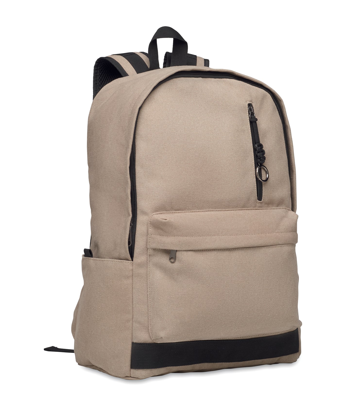 15" Laptop-Rucksack aus recycelter Pre-Consumer-Baumwolle. Große Fronttasche mit Reißverschluss und Laptop-Innenfach. Kleine