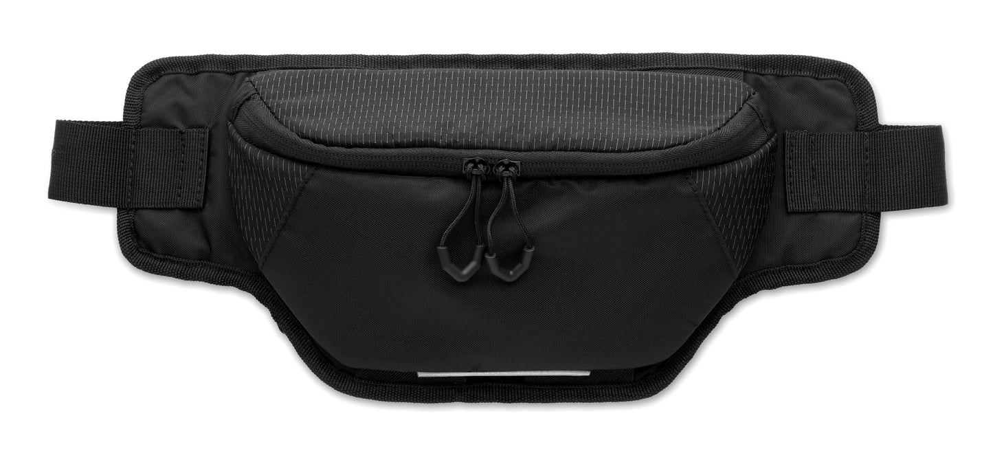 Gürteltasche aus wasserabweisendem 420D-Nylon mit 210D-Polyesterfutter. Reflektierender Streifen. Komplett gepolstertes Hauptfach. Große