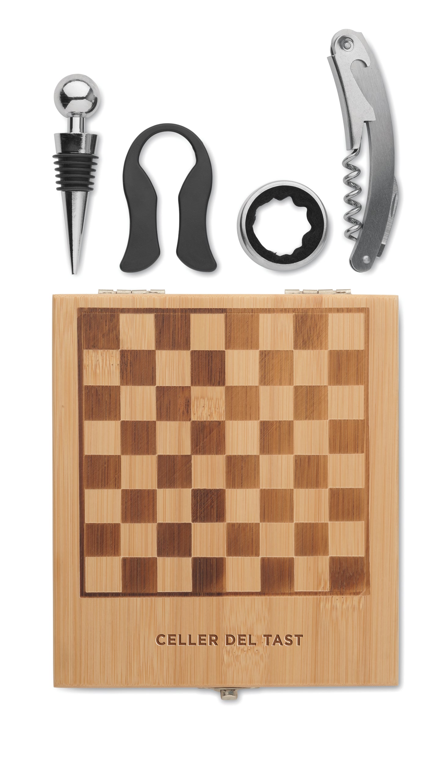 Weinset mit Schachspiel. Inklusive Spielfiguren Korkenzieher Flaschenverschluss Weinkragen und Ausgießer. Box aus