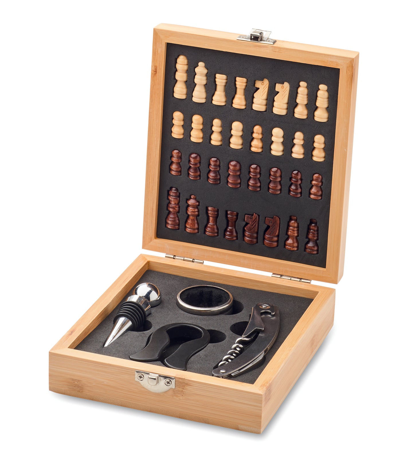 Weinset mit Schachspiel. Inklusive Spielfiguren Korkenzieher Flaschenverschluss Weinkragen und Ausgießer. Box aus