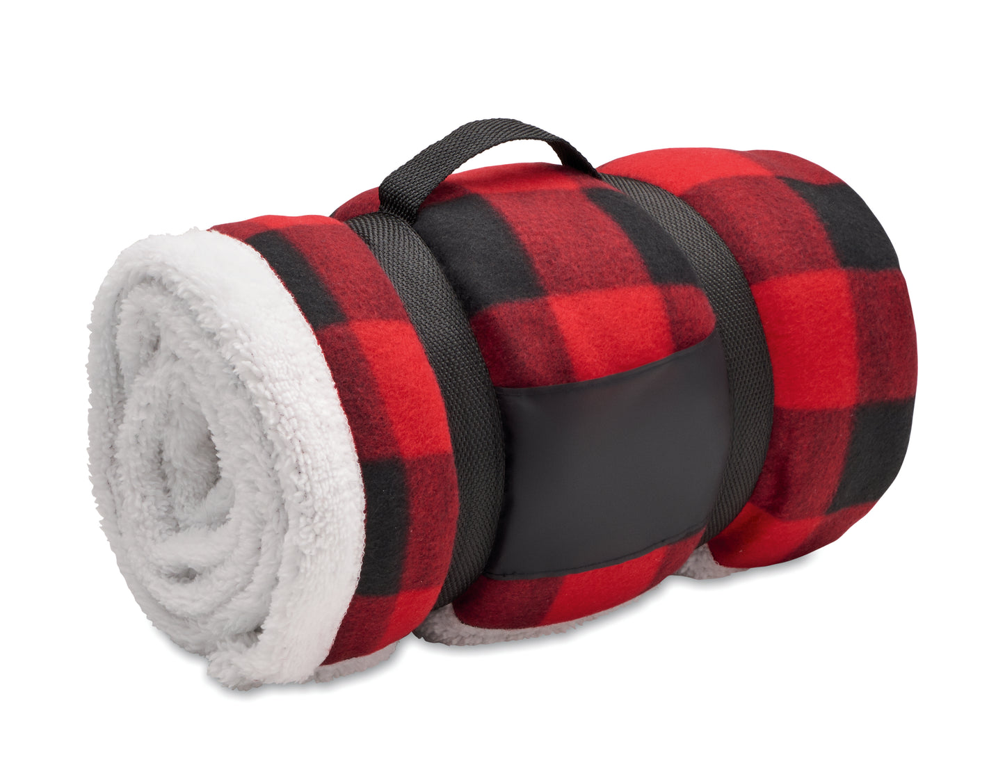 Fleece-Decke aus RPET-Polarfleece (180 g/m²). Rückseite aus Polyester-Sherpa (230 g/m²). Inkl. RPET-Nylon-Tragegriff.