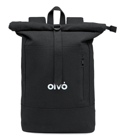 15'''' Rolltop-Laptop-Rucksack mit Reißverschluss aus recycelter Pre-Consumer-Baumwolle (70%) und recyceltem Polyester (30%).