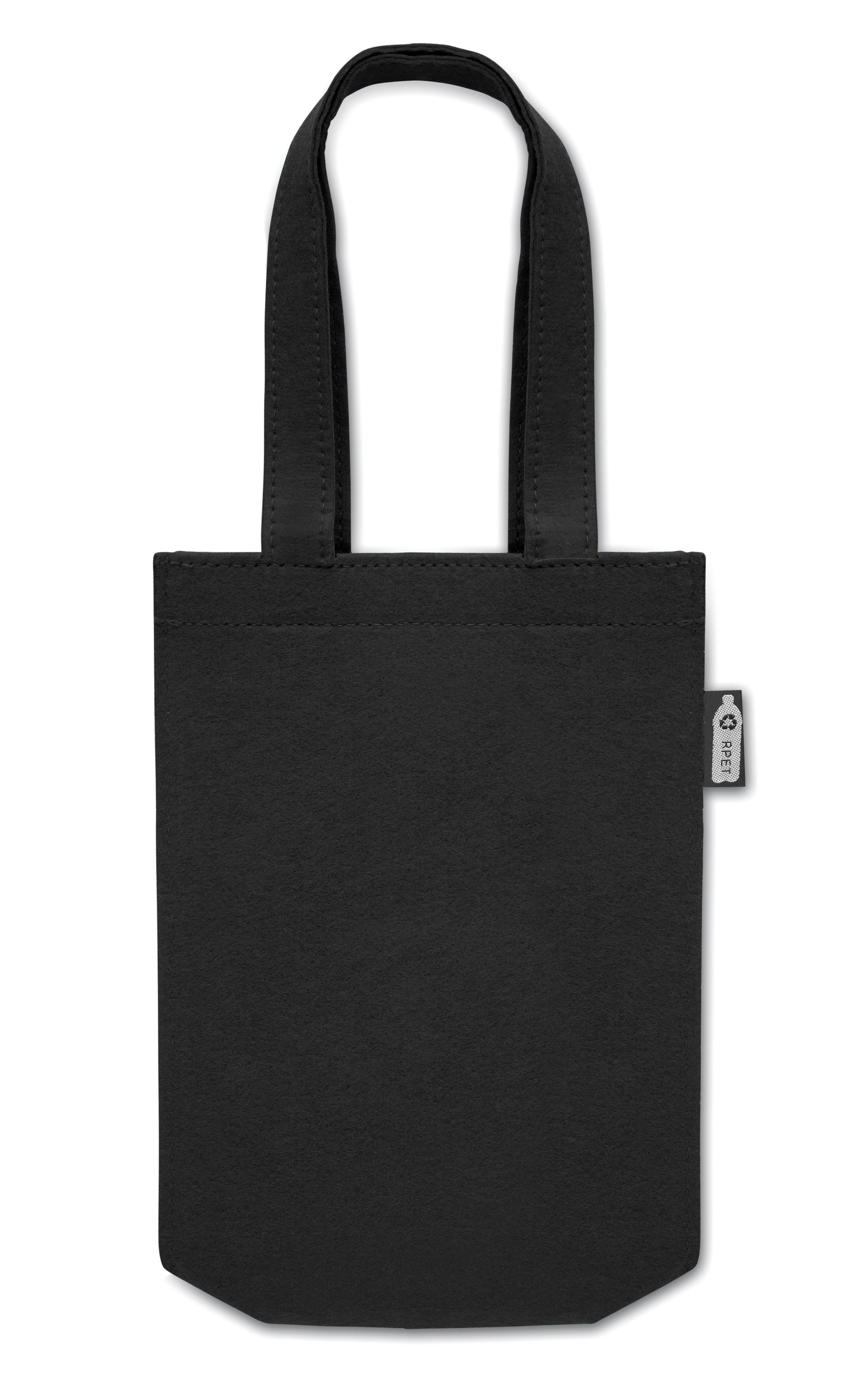 Kleine Geschenk- oder Goodie-Tasche mit kurzen Tragegriffen und Bodenfalte aus RPET-Filz. Filzstärke: