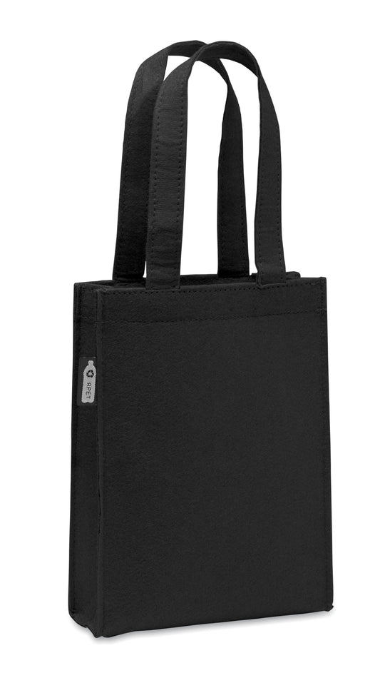 Kleine Geschenk- oder Goodie-Tasche mit kurzen Tragegriffen und Bodenfalte aus RPET-Filz. Filzstärke:
