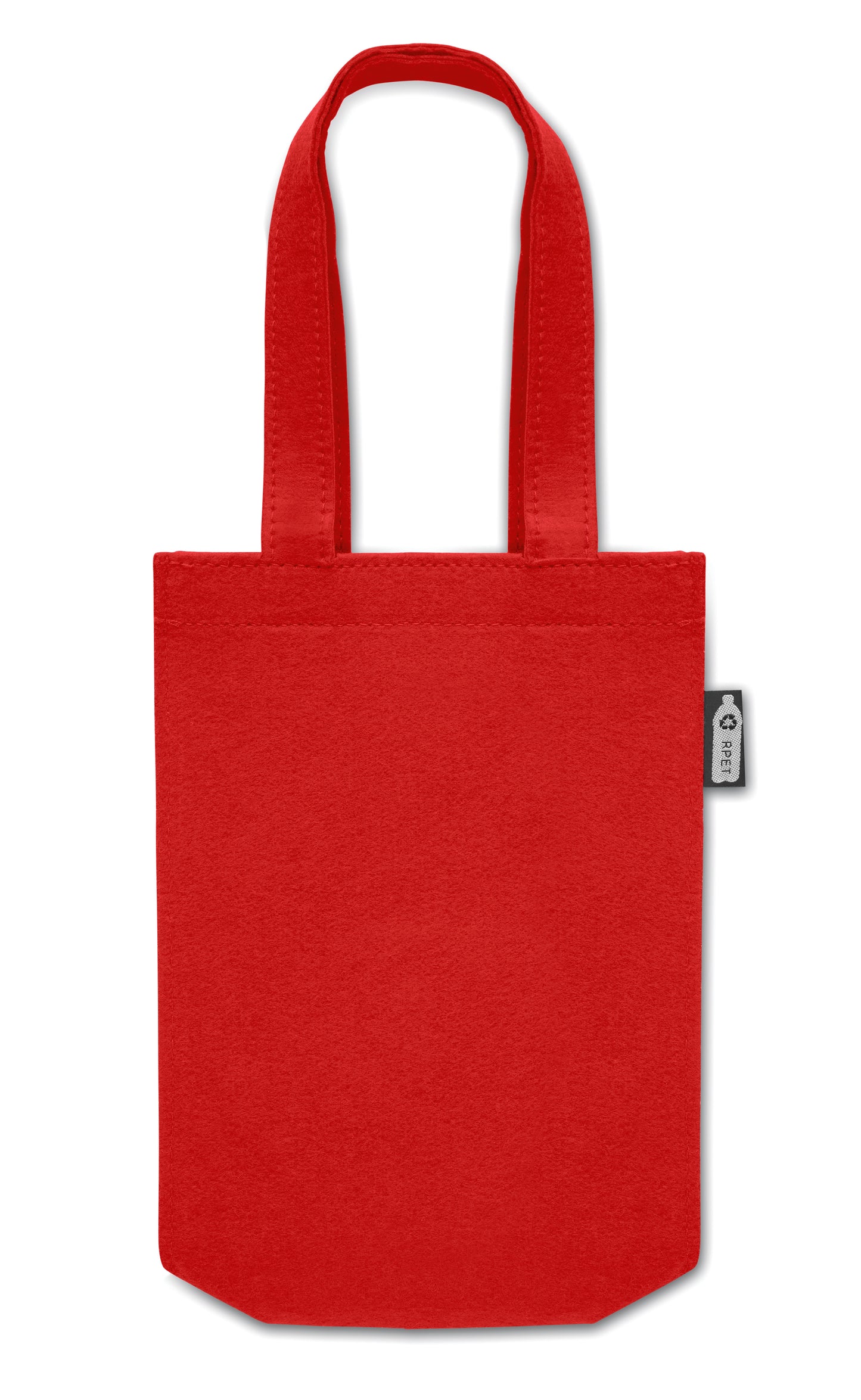Kleine Geschenk- oder Goodie-Tasche mit kurzen Tragegriffen und Bodenfalte aus RPET-Filz. Filzstärke: