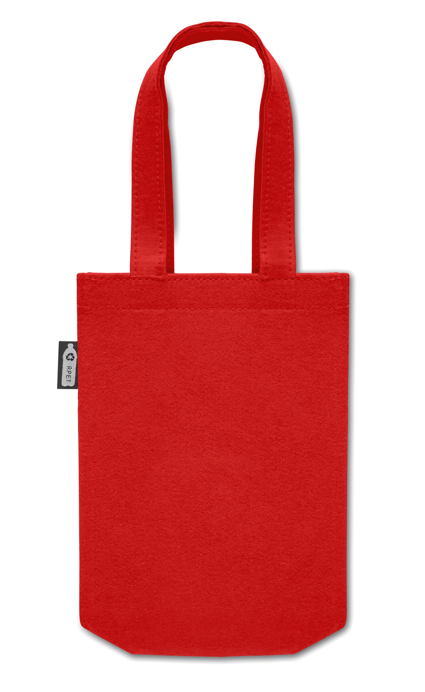 Kleine Geschenk- oder Goodie-Tasche mit kurzen Tragegriffen und Bodenfalte aus RPET-Filz. Filzstärke: