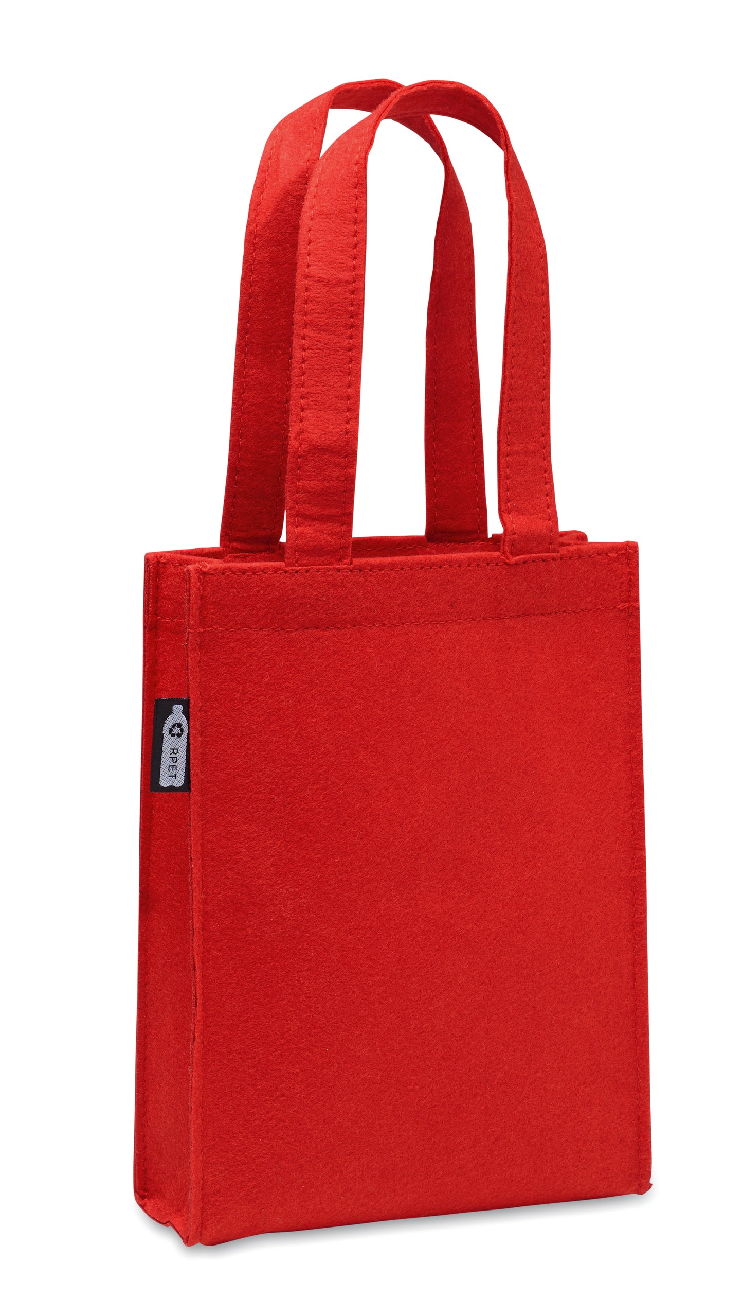 Kleine Geschenk- oder Goodie-Tasche mit kurzen Tragegriffen und Bodenfalte aus RPET-Filz. Filzstärke: