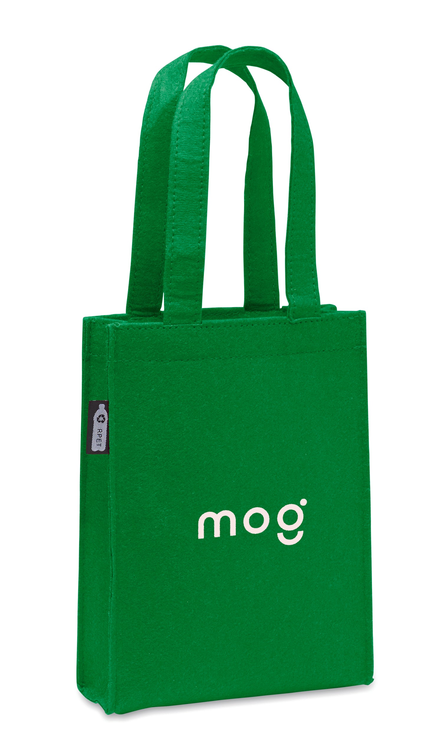 Kleine Geschenk- oder Goodie-Tasche mit kurzen Tragegriffen und Bodenfalte aus RPET-Filz. Filzstärke:
