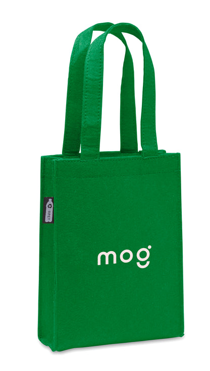 Kleine Geschenk- oder Goodie-Tasche mit kurzen Tragegriffen und Bodenfalte aus RPET-Filz. Filzstärke: