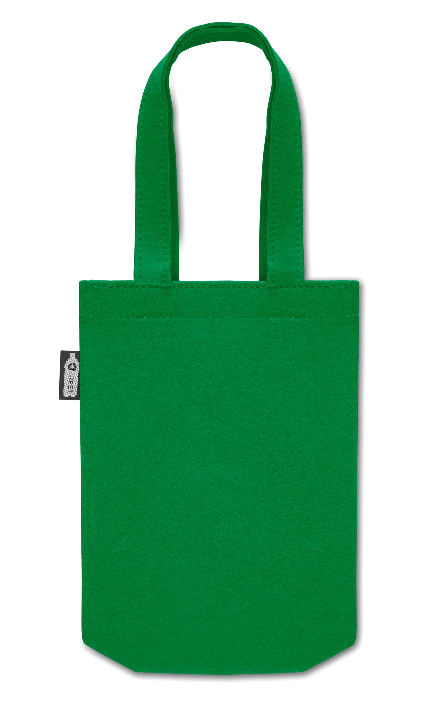 Kleine Geschenk- oder Goodie-Tasche mit kurzen Tragegriffen und Bodenfalte aus RPET-Filz. Filzstärke: