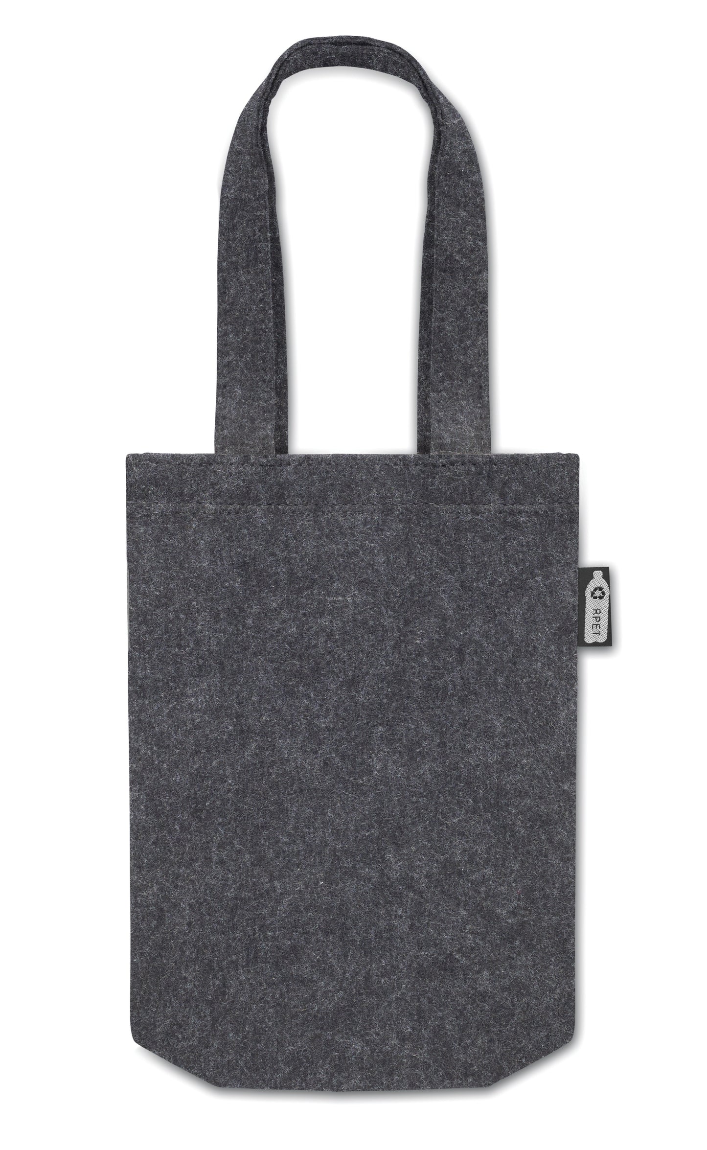 Kleine Geschenk- oder Goodie-Tasche mit kurzen Tragegriffen und Bodenfalte aus RPET-Filz. Filzstärke: