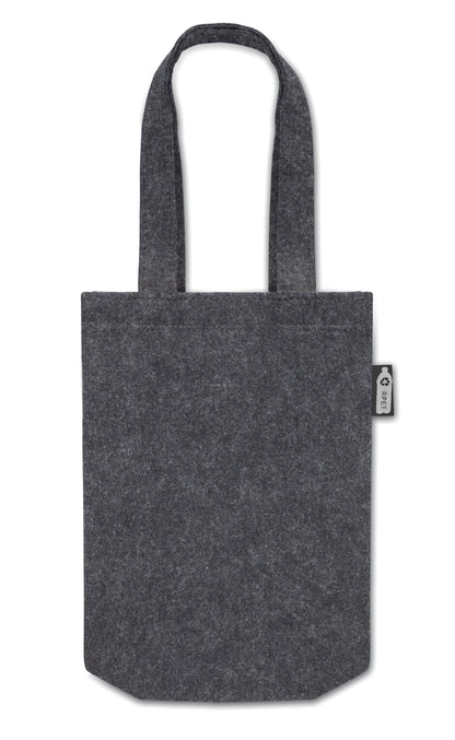 Kleine Geschenk- oder Goodie-Tasche mit kurzen Tragegriffen und Bodenfalte aus RPET-Filz. Filzstärke: