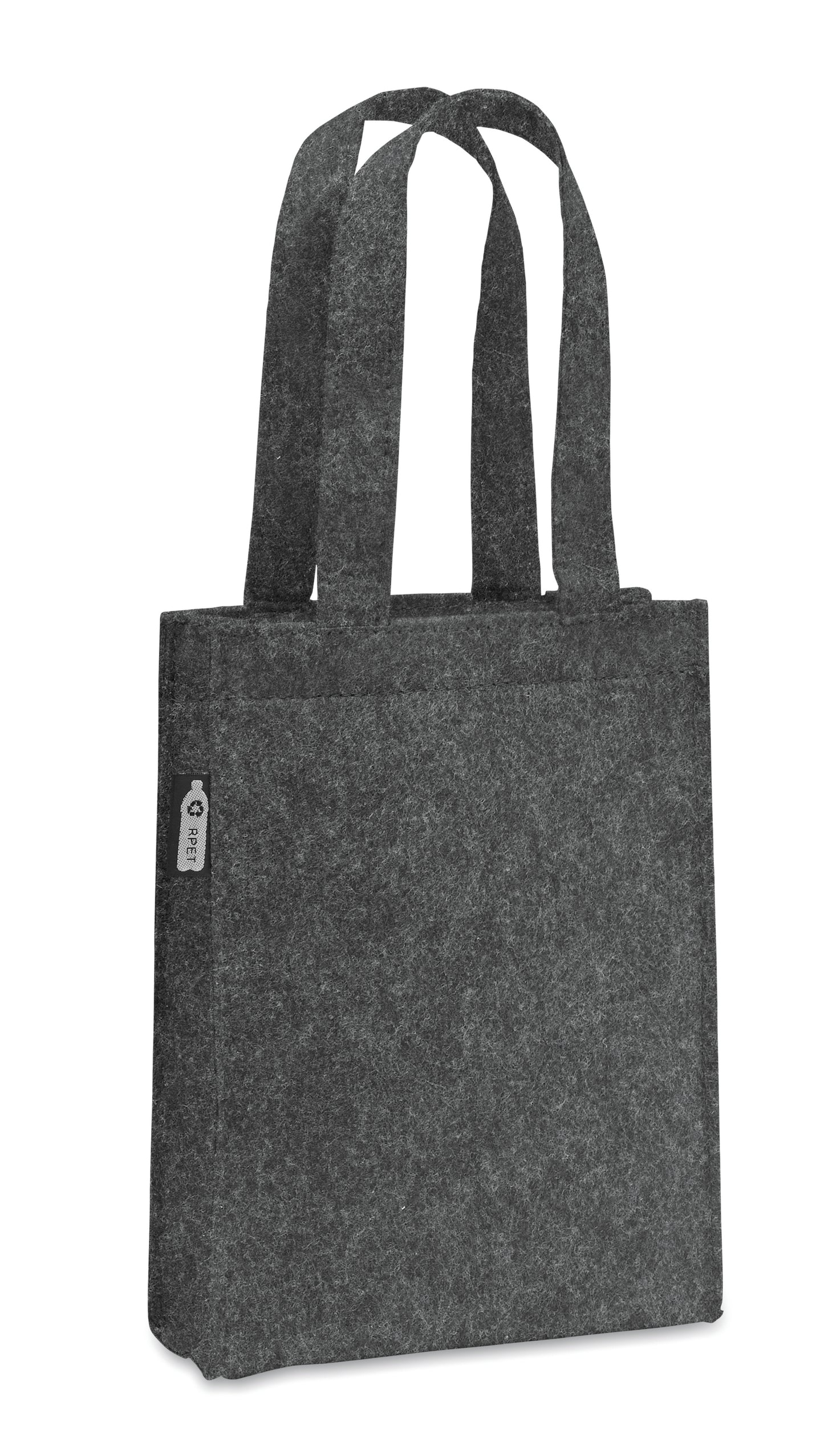 Kleine Geschenk- oder Goodie-Tasche mit kurzen Tragegriffen und Bodenfalte aus RPET-Filz. Filzstärke: