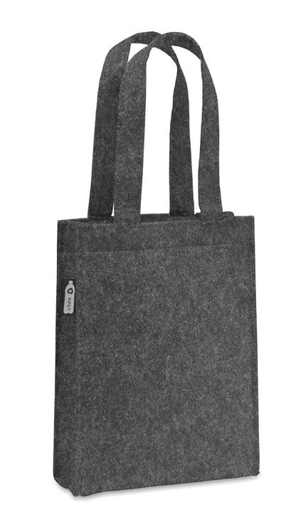 Kleine Geschenk- oder Goodie-Tasche mit kurzen Tragegriffen und Bodenfalte aus RPET-Filz. Filzstärke: