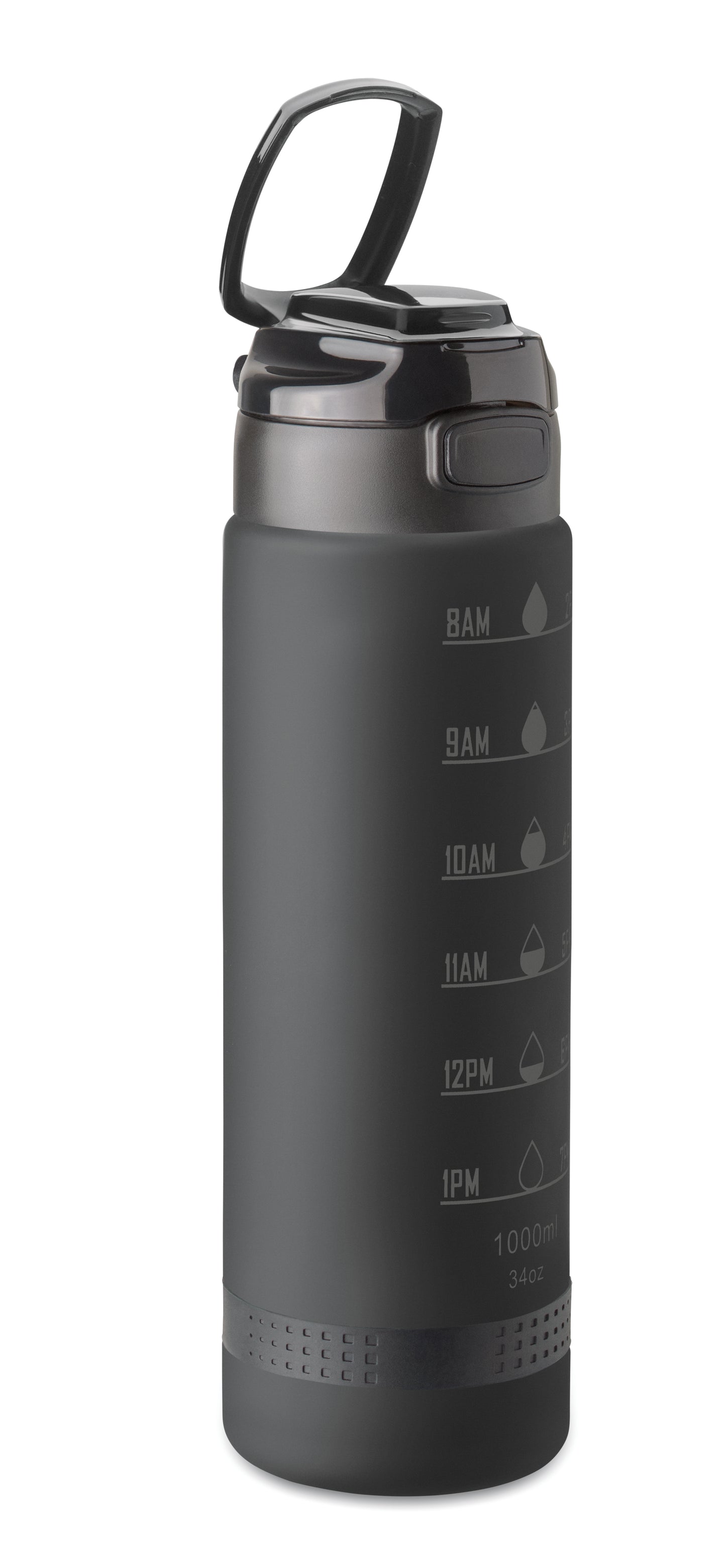 Sport-Trinkflasche aus RPET. Motivierende Zeitmarkierung einhändig zu öffnender Flip-Top-Deckel Sicherheitsverschluss und Henkel.