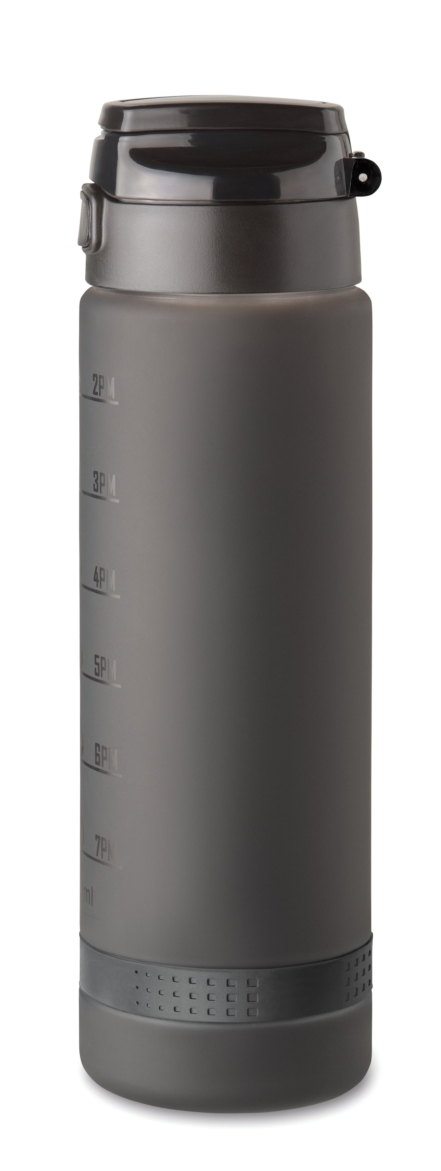 Sport-Trinkflasche aus RPET. Motivierende Zeitmarkierung einhändig zu öffnender Flip-Top-Deckel Sicherheitsverschluss und Henkel.