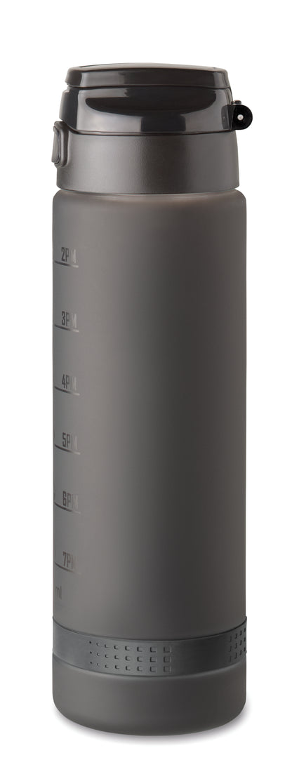 Sport-Trinkflasche aus RPET. Motivierende Zeitmarkierung einhändig zu öffnender Flip-Top-Deckel Sicherheitsverschluss und Henkel.