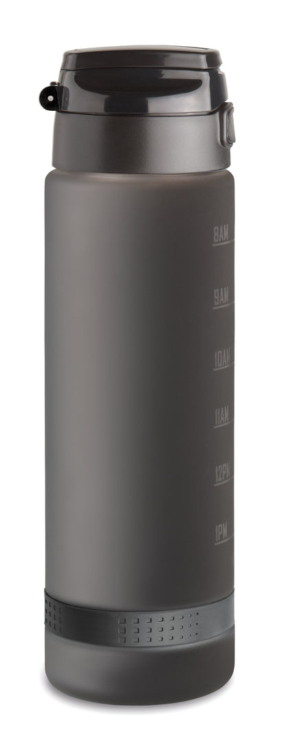 Sport-Trinkflasche aus RPET. Motivierende Zeitmarkierung einhändig zu öffnender Flip-Top-Deckel Sicherheitsverschluss und Henkel.