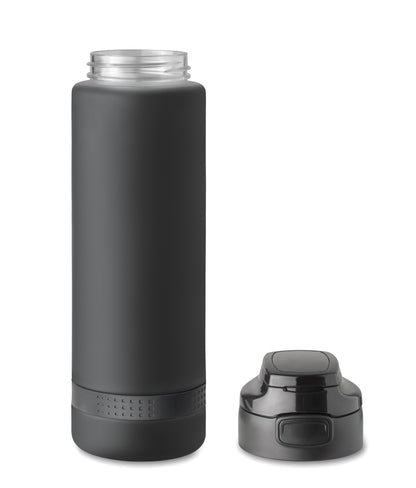 Sport-Trinkflasche aus RPET. Motivierende Zeitmarkierung einhändig zu öffnender Flip-Top-Deckel Sicherheitsverschluss und Henkel.