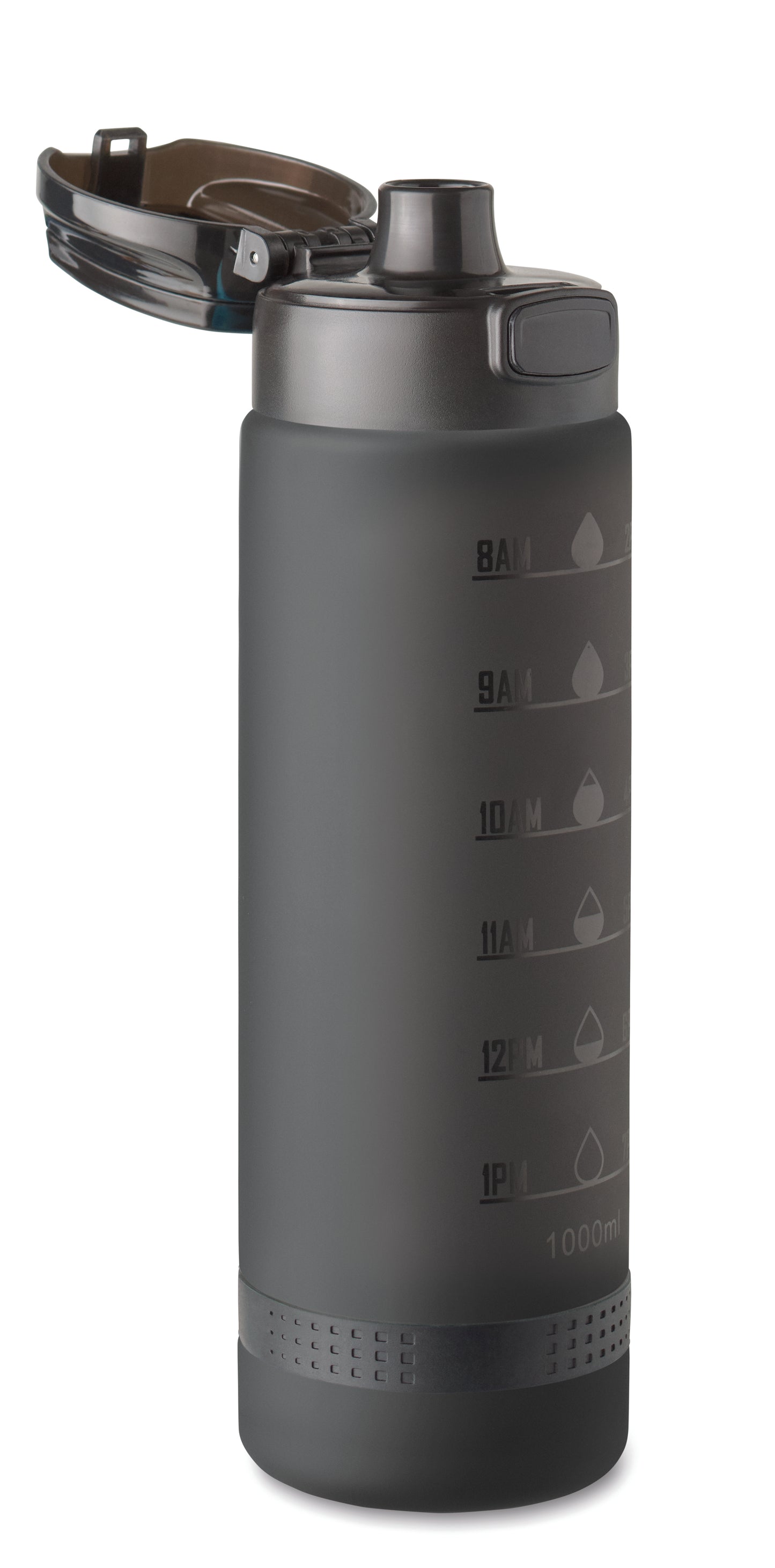 Sport-Trinkflasche aus RPET. Motivierende Zeitmarkierung einhändig zu öffnender Flip-Top-Deckel Sicherheitsverschluss und Henkel.