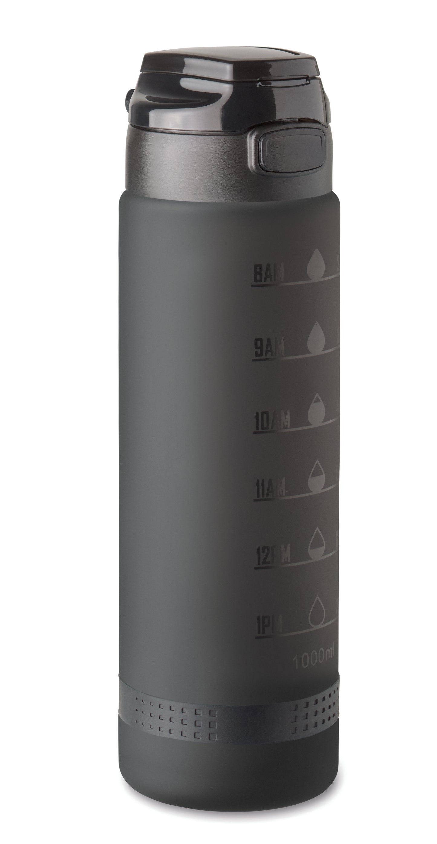Sport-Trinkflasche aus RPET. Motivierende Zeitmarkierung einhändig zu öffnender Flip-Top-Deckel Sicherheitsverschluss und Henkel.