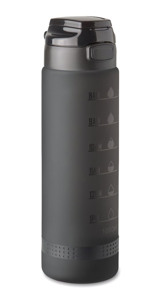 Sport-Trinkflasche aus RPET. Motivierende Zeitmarkierung einhändig zu öffnender Flip-Top-Deckel Sicherheitsverschluss und Henkel.