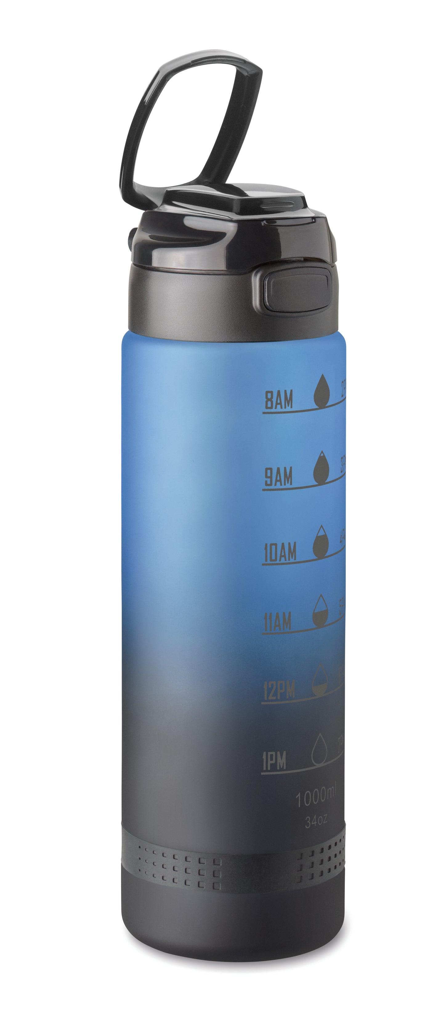 Sport-Trinkflasche aus RPET. Motivierende Zeitmarkierung einhändig zu öffnender Flip-Top-Deckel Sicherheitsverschluss und Henkel.