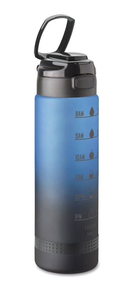 Sport-Trinkflasche aus RPET. Motivierende Zeitmarkierung einhändig zu öffnender Flip-Top-Deckel Sicherheitsverschluss und Henkel.