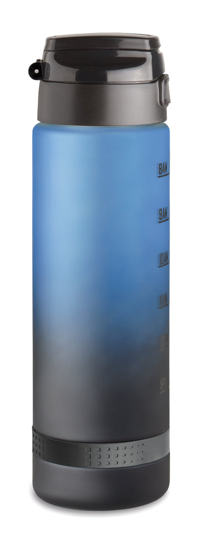 Sport-Trinkflasche aus RPET. Motivierende Zeitmarkierung einhändig zu öffnender Flip-Top-Deckel Sicherheitsverschluss und Henkel.