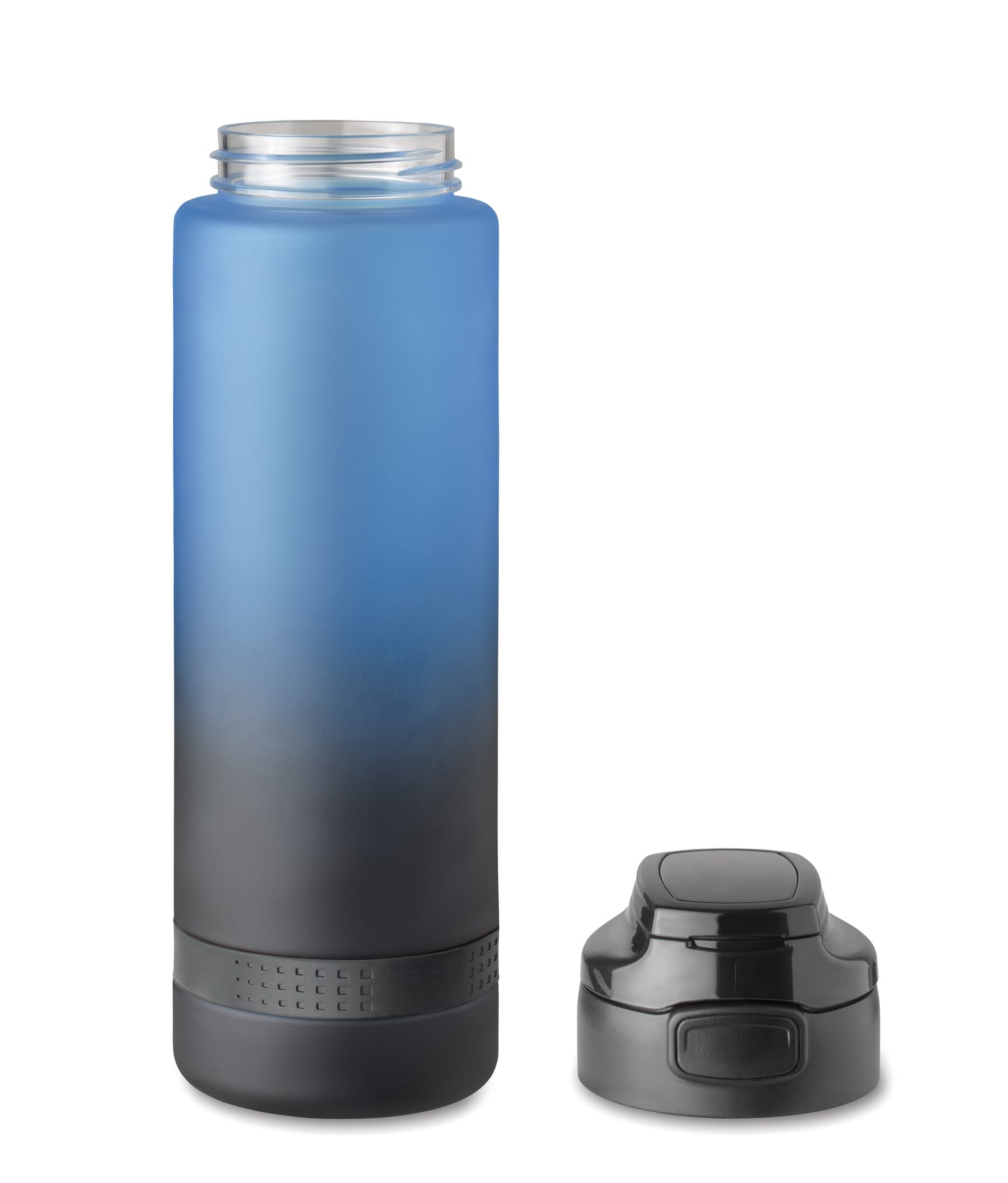 Sport-Trinkflasche aus RPET. Motivierende Zeitmarkierung einhändig zu öffnender Flip-Top-Deckel Sicherheitsverschluss und Henkel.
