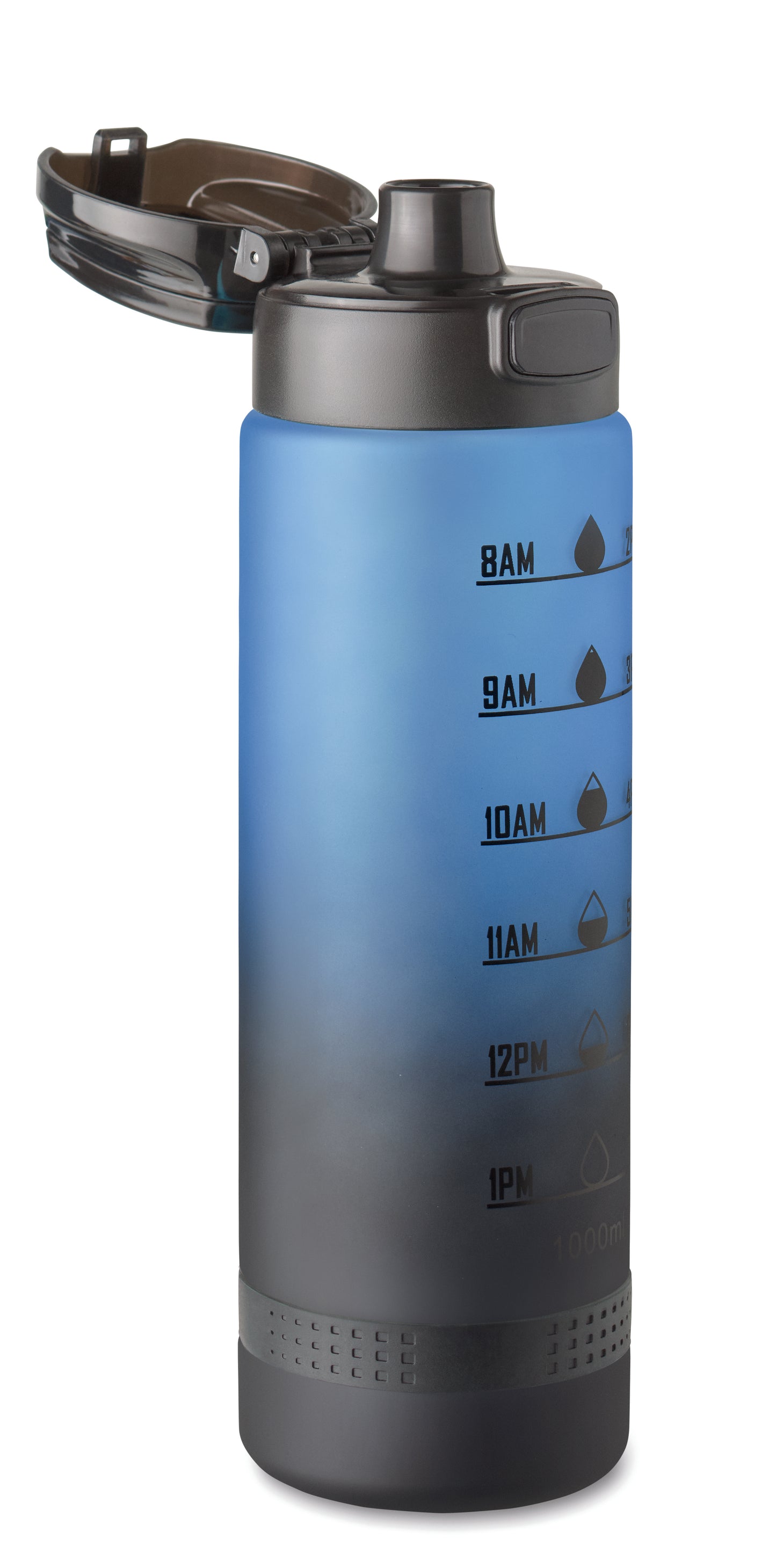 Sport-Trinkflasche aus RPET. Motivierende Zeitmarkierung einhändig zu öffnender Flip-Top-Deckel Sicherheitsverschluss und Henkel.