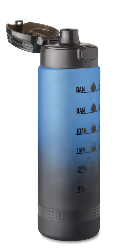 Sport-Trinkflasche aus RPET. Motivierende Zeitmarkierung einhändig zu öffnender Flip-Top-Deckel Sicherheitsverschluss und Henkel.