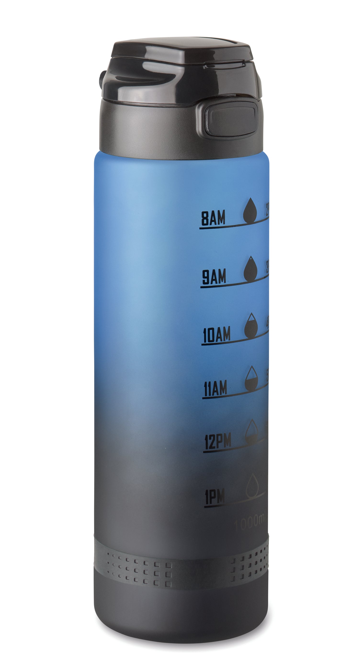 Sport-Trinkflasche aus RPET. Motivierende Zeitmarkierung einhändig zu öffnender Flip-Top-Deckel Sicherheitsverschluss und Henkel.