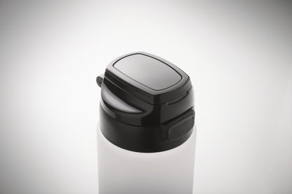 Sport-Trinkflasche aus RPET. Motivierende Zeitmarkierung einhändig zu öffnender Flip-Top-Deckel Sicherheitsverschluss und Henkel.