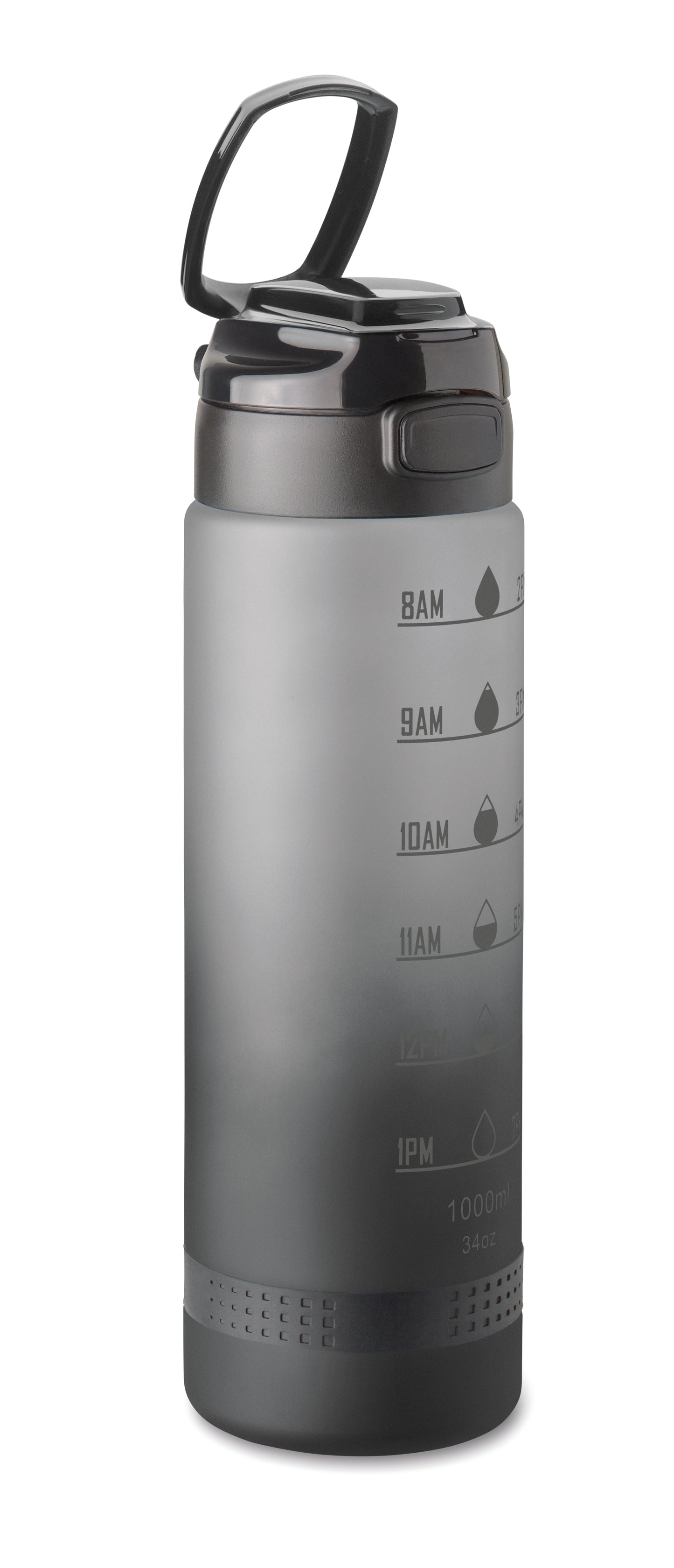 Sport-Trinkflasche aus RPET. Motivierende Zeitmarkierung einhändig zu öffnender Flip-Top-Deckel Sicherheitsverschluss und Henkel.