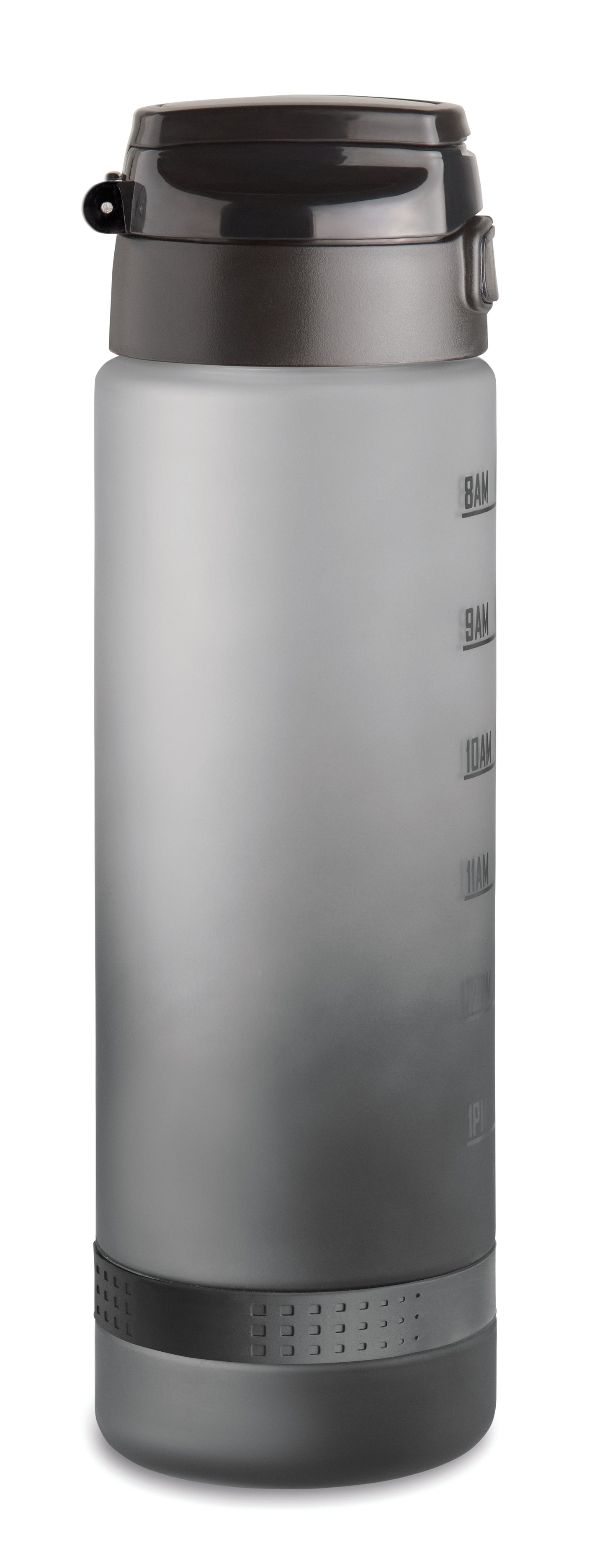 Sport-Trinkflasche aus RPET. Motivierende Zeitmarkierung einhändig zu öffnender Flip-Top-Deckel Sicherheitsverschluss und Henkel.