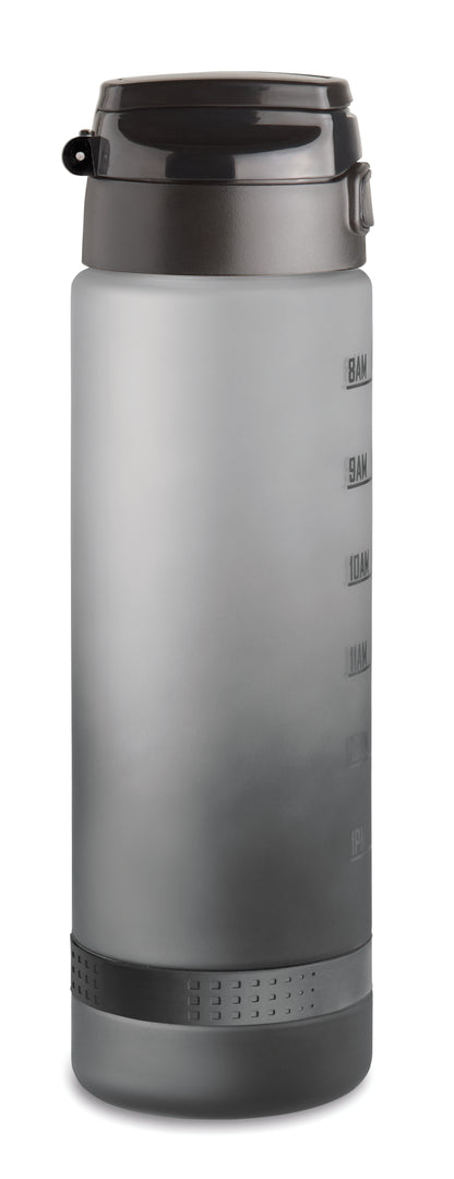 Sport-Trinkflasche aus RPET. Motivierende Zeitmarkierung einhändig zu öffnender Flip-Top-Deckel Sicherheitsverschluss und Henkel.