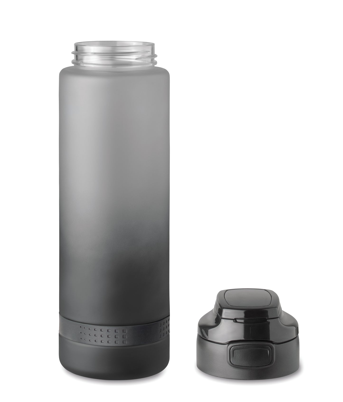 Sport-Trinkflasche aus RPET. Motivierende Zeitmarkierung einhändig zu öffnender Flip-Top-Deckel Sicherheitsverschluss und Henkel.