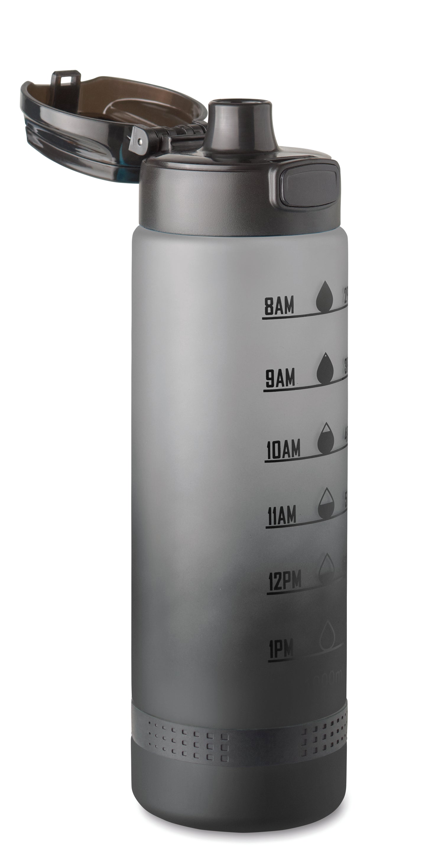 Sport-Trinkflasche aus RPET. Motivierende Zeitmarkierung einhändig zu öffnender Flip-Top-Deckel Sicherheitsverschluss und Henkel.