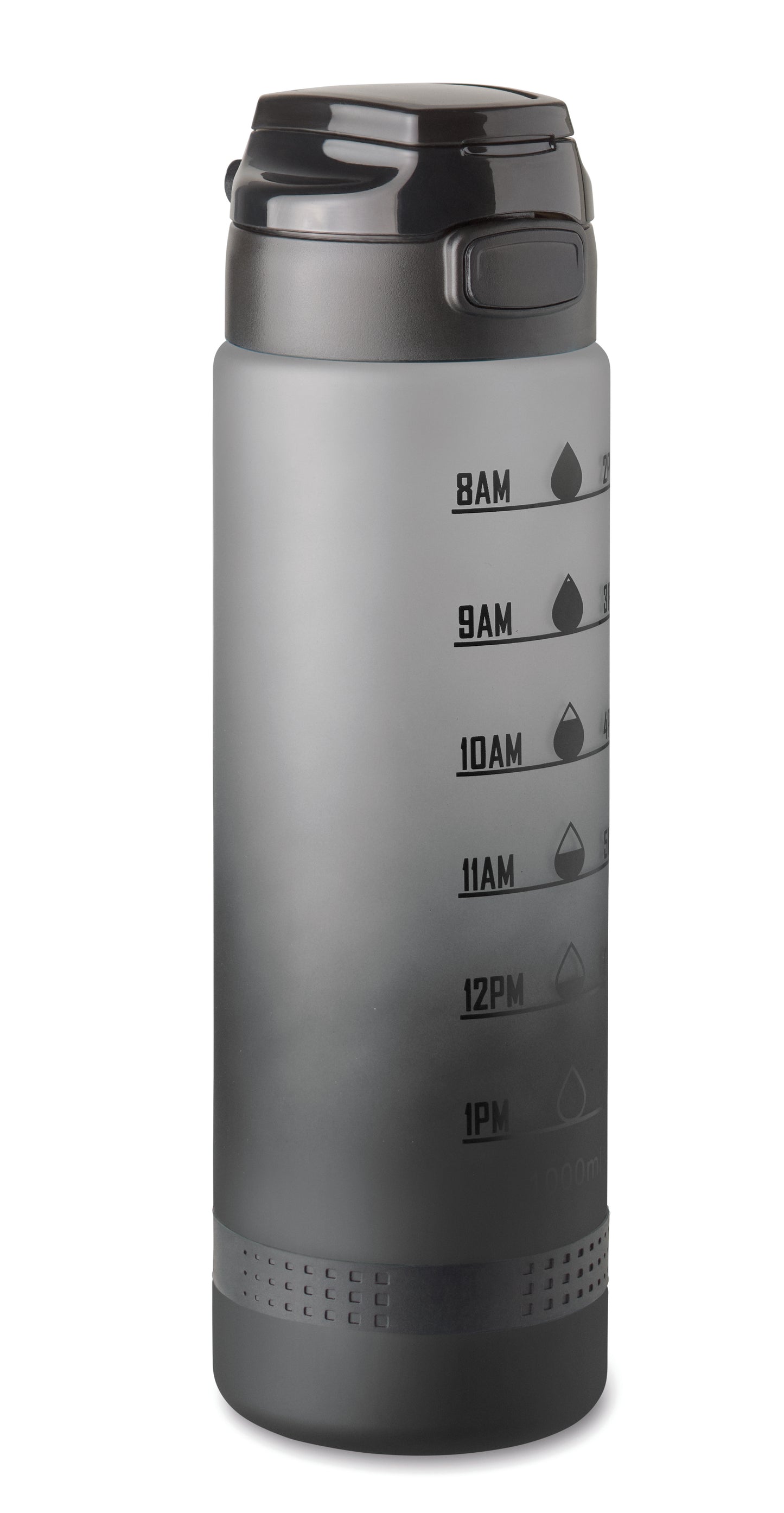 Sport-Trinkflasche aus RPET. Motivierende Zeitmarkierung einhändig zu öffnender Flip-Top-Deckel Sicherheitsverschluss und Henkel.