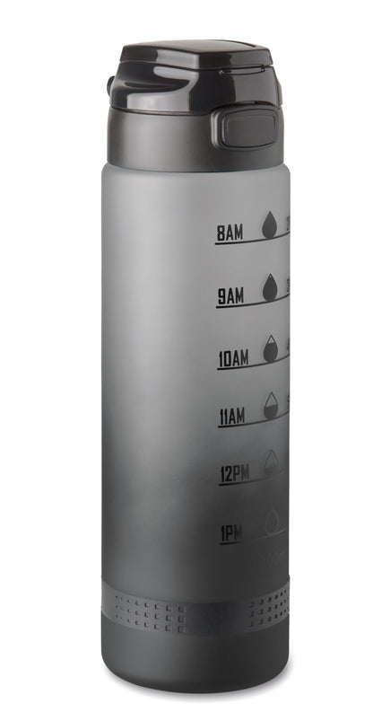 Sport-Trinkflasche aus RPET. Motivierende Zeitmarkierung einhändig zu öffnender Flip-Top-Deckel Sicherheitsverschluss und Henkel.