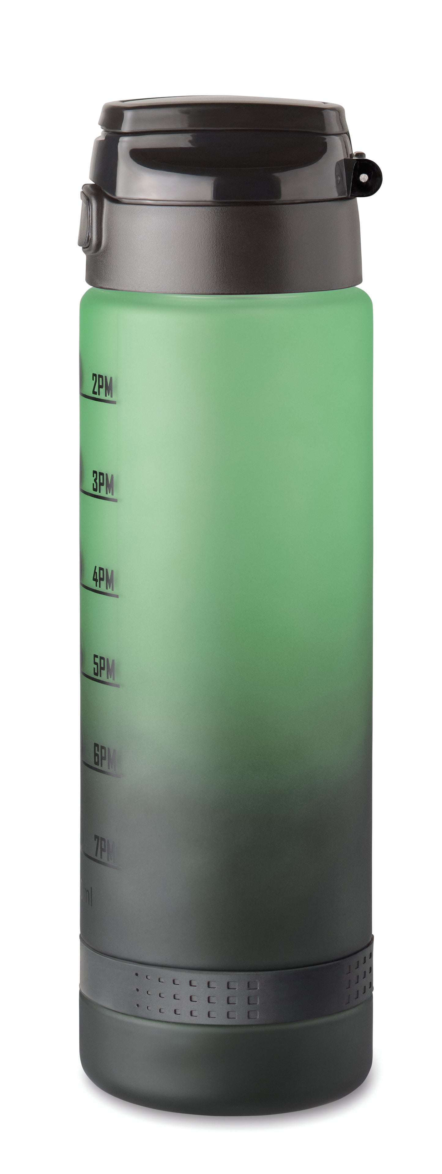 Sport-Trinkflasche aus RPET. Motivierende Zeitmarkierung einhändig zu öffnender Flip-Top-Deckel Sicherheitsverschluss und Henkel.