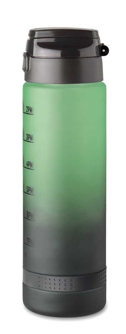 Sport-Trinkflasche aus RPET. Motivierende Zeitmarkierung einhändig zu öffnender Flip-Top-Deckel Sicherheitsverschluss und Henkel.